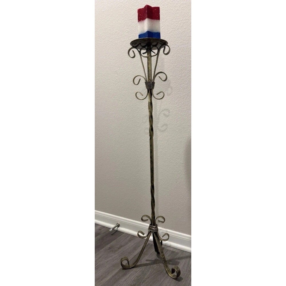 Vtg 37"Tall Brutalist Handmade Wrought Iron Floor Candle Holder Gold Finish